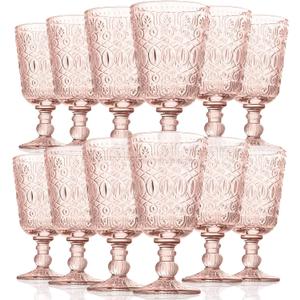 Rtteri 12 Pcs Vintage Glass Goblet Stemmed Wine Glasses Bulks 10 oz Wine Glasses Set High Clear Glassware for Juice Liquor Party Wedding Bars Restaurants Romantic Embossed (Flesh Pink)