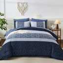 Dinjoy Blue King Size Comforter Set,Striped Boho Bed in a Bag King 7 Pieces Soft Fall Bedding Comforters Microfiber Mineral Blue Complete Sets for All Season