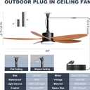 Outdoor Ceiling Fan with Lights, 48 Inch Plug in Gazebo Fans with Remote APP Control, Quiet DC Motor, Dimmable 3CCT, Waterproof Hanging Fans for Covered Patios, Porch, Wood Color