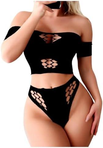 SweatyRocks Women's 2 Piece Fishnet Cut Out Lingerie Set Off Shoulder Babydoll Sexy Nightwear, Black