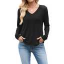 Women's V Neck Tops Long Sleeve Lace Shirts Casual Fitted Tee Shirt Solid Color Fall Basic Clothes Black (Black, XL)