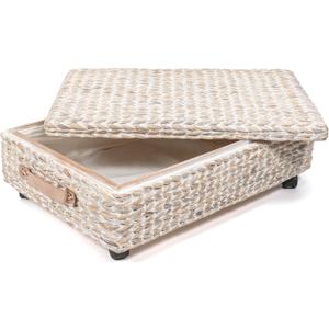 happimess BSK1006C 26.38" Chett Minimalist Hand-Woven Hyacinth/Wood Underbed Storage Bin with Wheels and Handles for Storage and Decoration in Bathroom, Bedroom, Closet,Entryway,Guest Room, White Wash