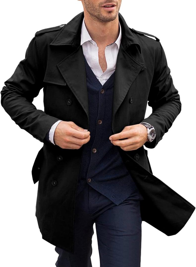 PASLTER Mens Trench Coat Notched Lapel Double Breasted Long Jacket Windbreaker Overcoat Pea Coat (Large, Black)