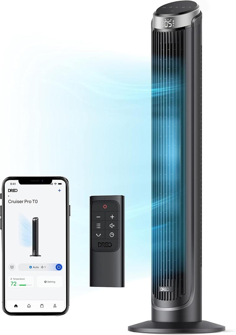 DREO Smart Tower Fan for Bedroom, 90 Oscillating 40" Standing Fan, 26ft/s High-Speed 5 Speeds 4 Modes, Quiet Room Floor Fans, Touch/Remote/APP & Voice Control, Work with Alexa, 12H Timer, Silver, Large