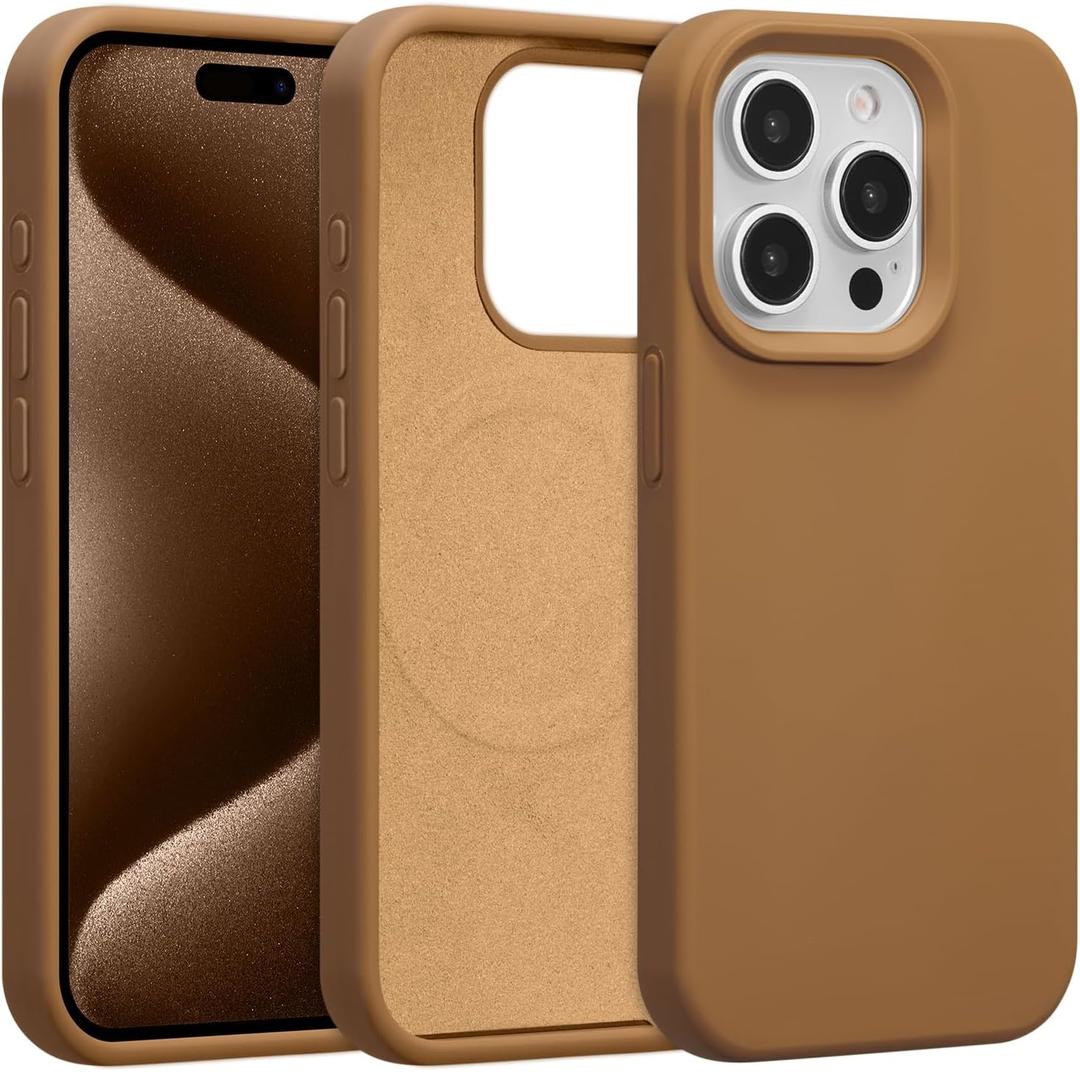 Magnetic for iPhone 15 Pro Max Case 6.7", Premium Liquid Silicone Case,[Compatible with Magsafe][Soft Anti-Scratch Microfiber Lining],Slim Thin Shockproof Phone Cover-Light Brown
