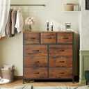 OLIXIS Dresser for Bedroom, 9 Storage Drawers, Wide Fabric Closet Chests Organizer Tower Furniture, TV Stand with Wooden Top Metal Frame for Clothes, Living Room, Hallway, Entryway, Rustic Brown, 39.4"D x 11.8"W x 39.9"H
