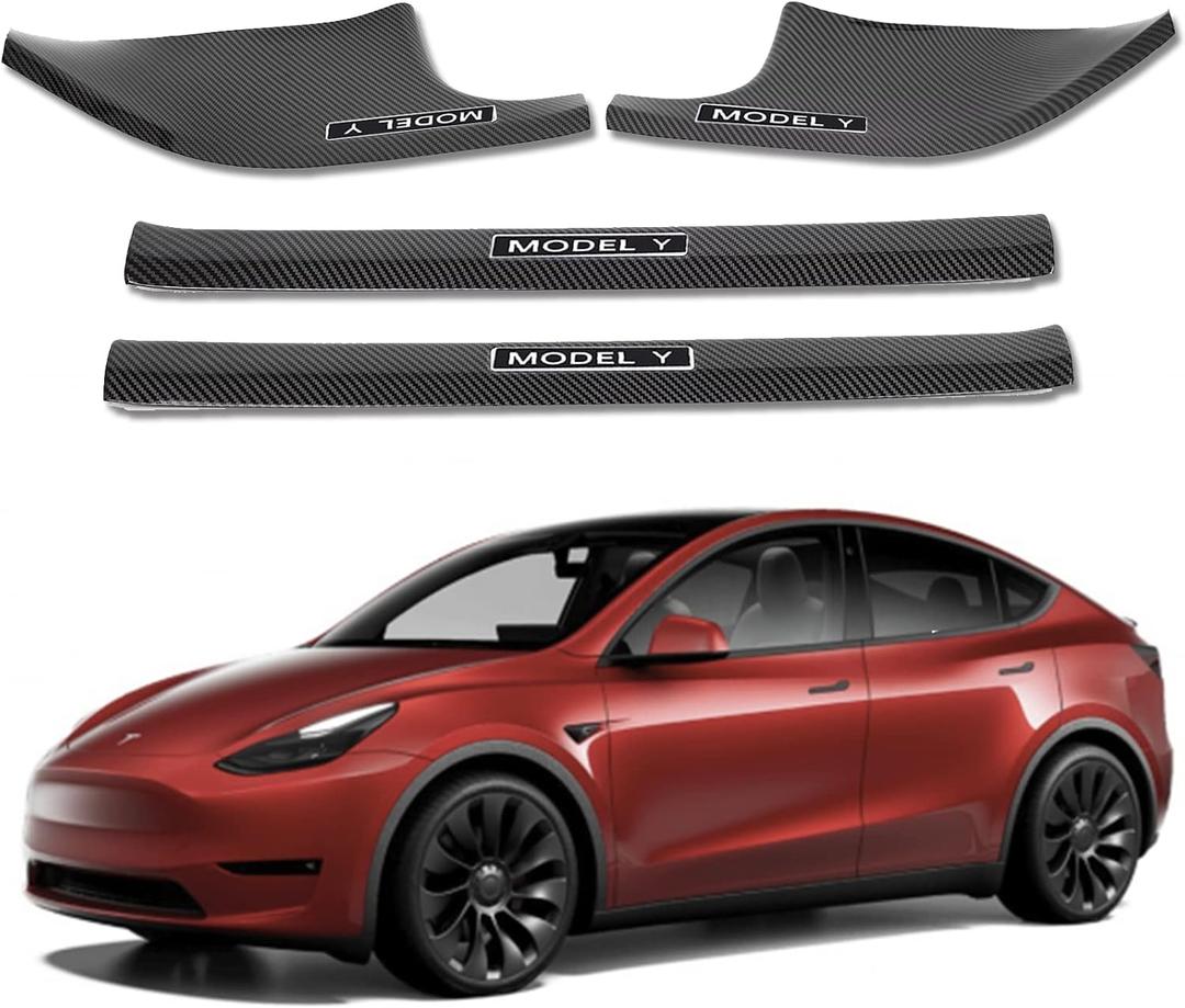 FLAMPETUS Door Sill Protector for Tesla Model Y, 4 Pieces Door Entry Protectors Strips for Inner Side, Tesla Model Y Accessories 2021 2022 2023 2024 for 5-Seater, Glossy Carbon Fiber Pattern