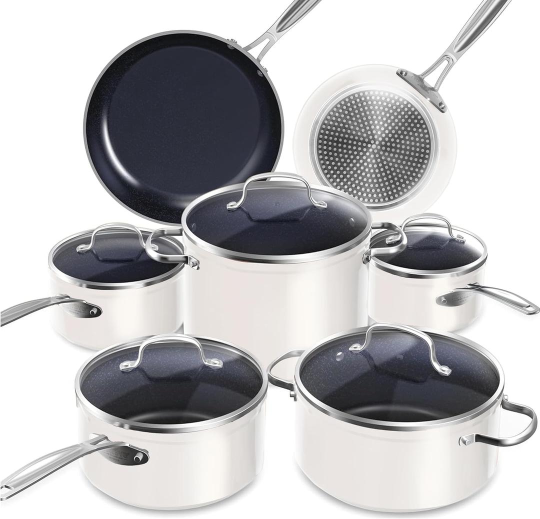Nuwave Healthy Duralon Blue Ceramic Nonstick Cookware Set, Diamond Infused Scratch-Resistant, PFAS Free, Dishwasher & Oven Safe, Induction Ready & Evenly Heats, Tempered Glass Lids & Stay-Cool Handles (Vanilla Cream)