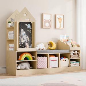 MU Kids Bookshelf with Reading Nook, Toddler Bookcase Bench with Seat Cushion and 7 Storage Cubbies, Kids Reading Nook for Boys & Girls, Toy Storage Bench Box for Bedroom, Playroom, Nursery