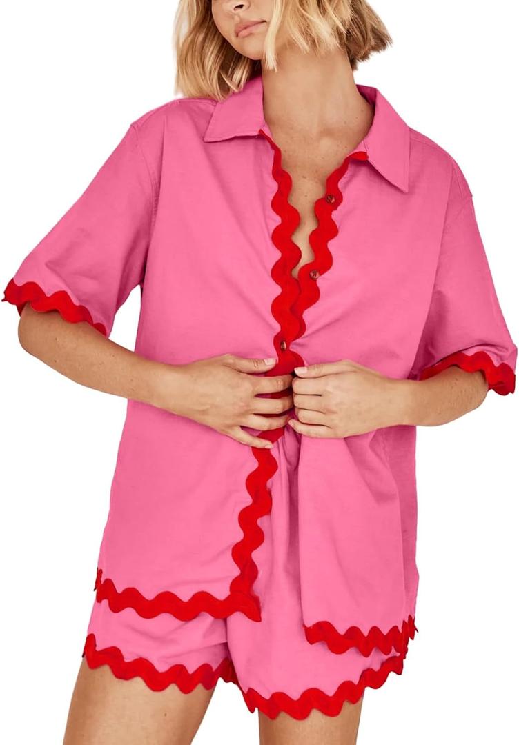 WOWULOVELY Women's 2024 Summer 2 Piece Vacation Outfits Casual Short Sleeve Shirt High Waist Shorts Set Tracksuit (Large, Hot Pink)