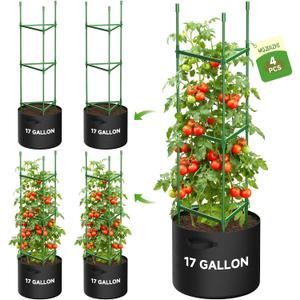 4 Pack Tomato Cages, Triangle Tomato Trellis with 17 Gallon Grow Bags, Tomato Plant Support Stakes for Garden Climbing Vegetables Flowers Fruits