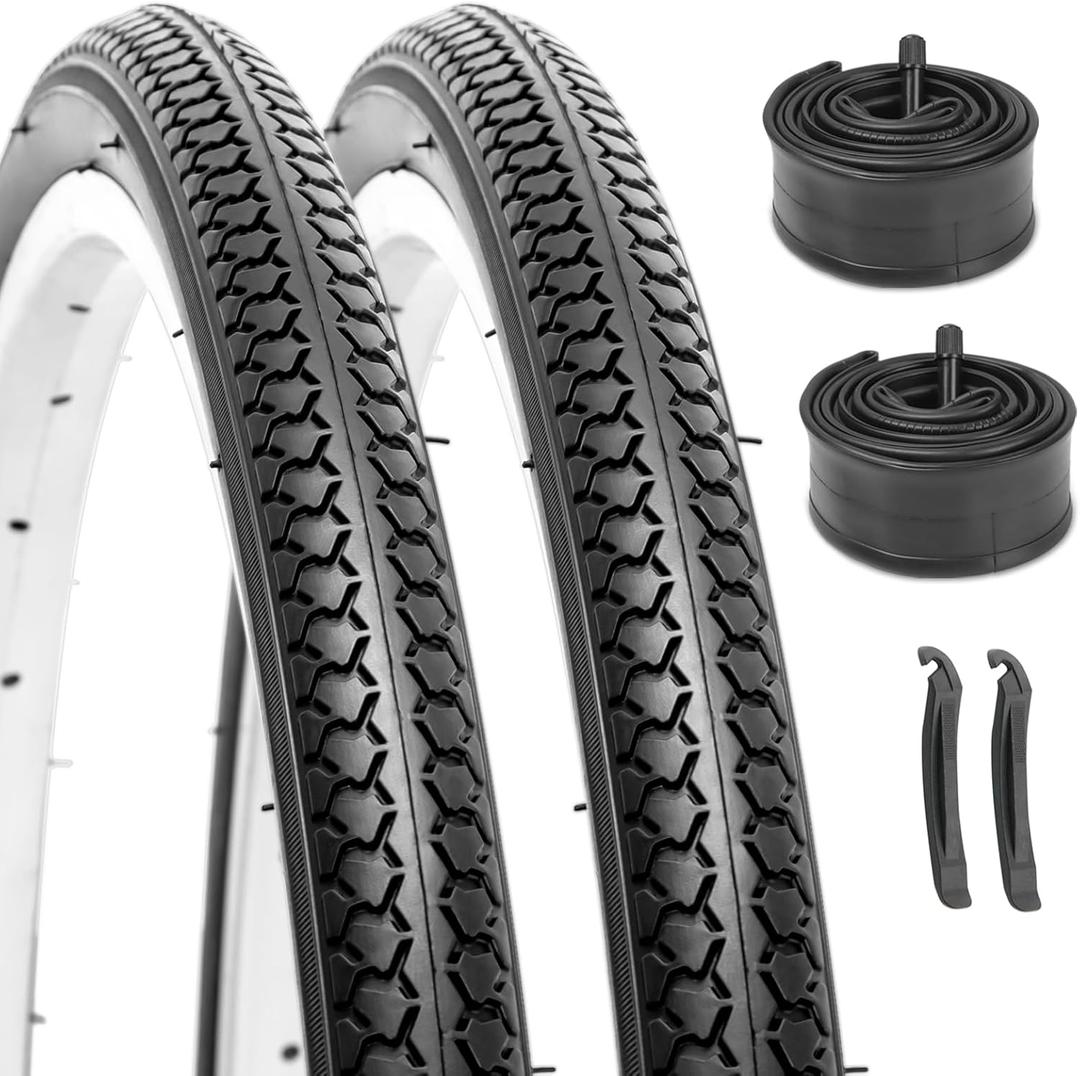 Hycline 26X1 3/8 Bike Tire Set: 2-Pack (37-590) Folding High-Density Bicycle Tires with Schrader Tubes & Tire Levers Fits Vintage 261 3/8 City/Commuter Bikes