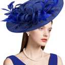dressfan Fascinator Hats for Women,Linen Vintage Feather Headwear for Derby/Church/Wedding/Cocktail/Tea Party (Blue)
