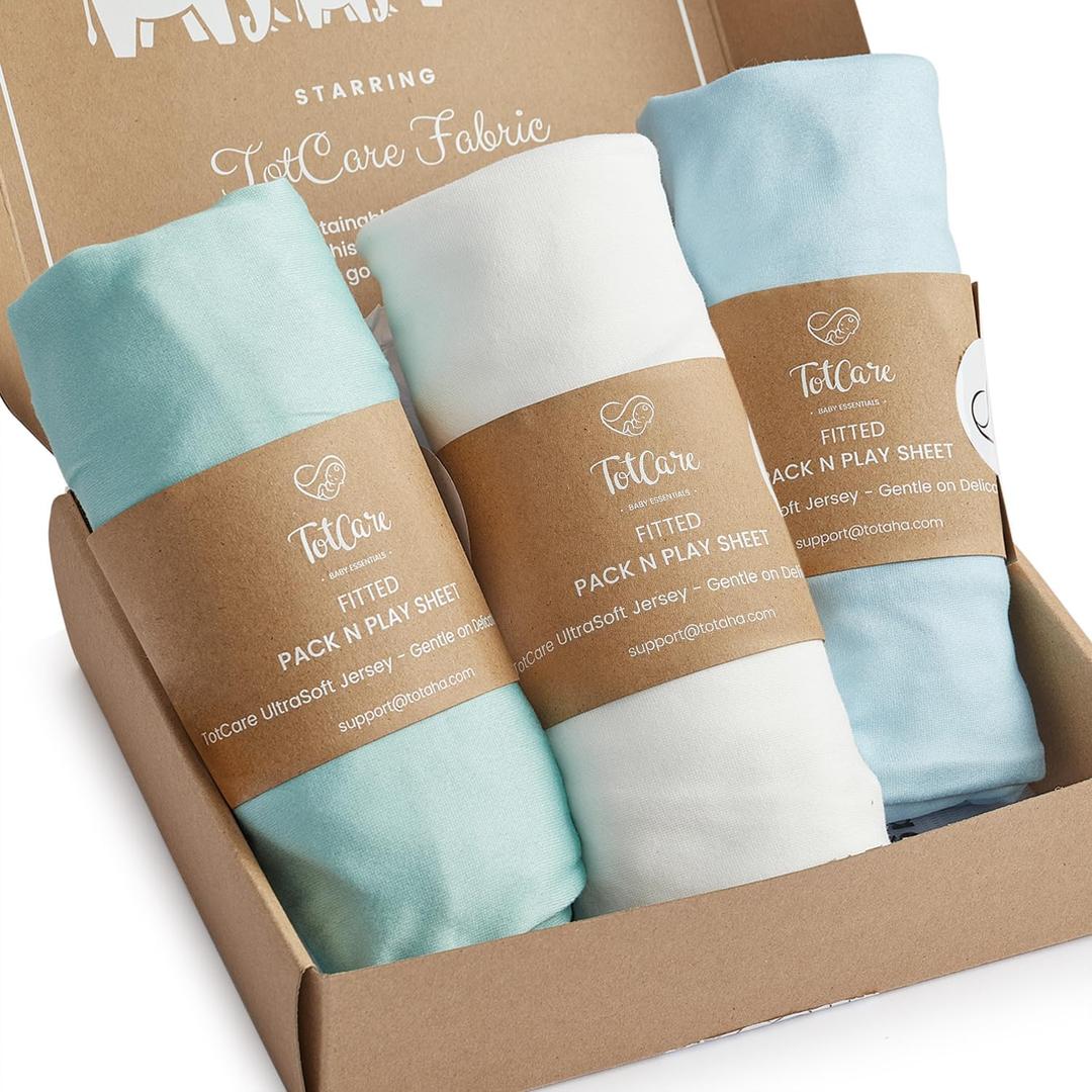 Pack and Play Sheets for Baby Bjorn, Guava Lotus Travel Crib and 24 x 42 Inch Travel Light Playard Mattress  Buttery Soft Jersey Pack n Play Sheets Fitted, Blue Sage Cloud, 3 Pack