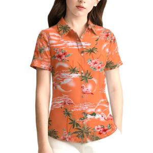 SSLR Big Girls Hawaiian Shirt Beach Tropical Summer Casual Short Sleeve Button Down Shirt (Orange, S)