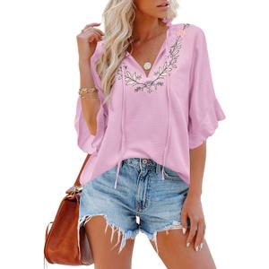 Womens Summer Tops 3 4 Sleeve Women Blouses Casual Boho Top Spring Floral Short Sleeve Shirts Vacation (Pink, S)