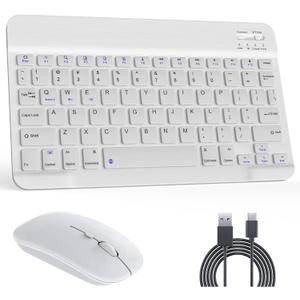 Bluetooth Keyboard & Mouse Combo, QWERTY Layout, 10 inch Ultra-Slim Wireless Keyboard, Lag-Free, Silent Keyboard Compatible with iPhone iPad Computer Tablet Keyboard (White)