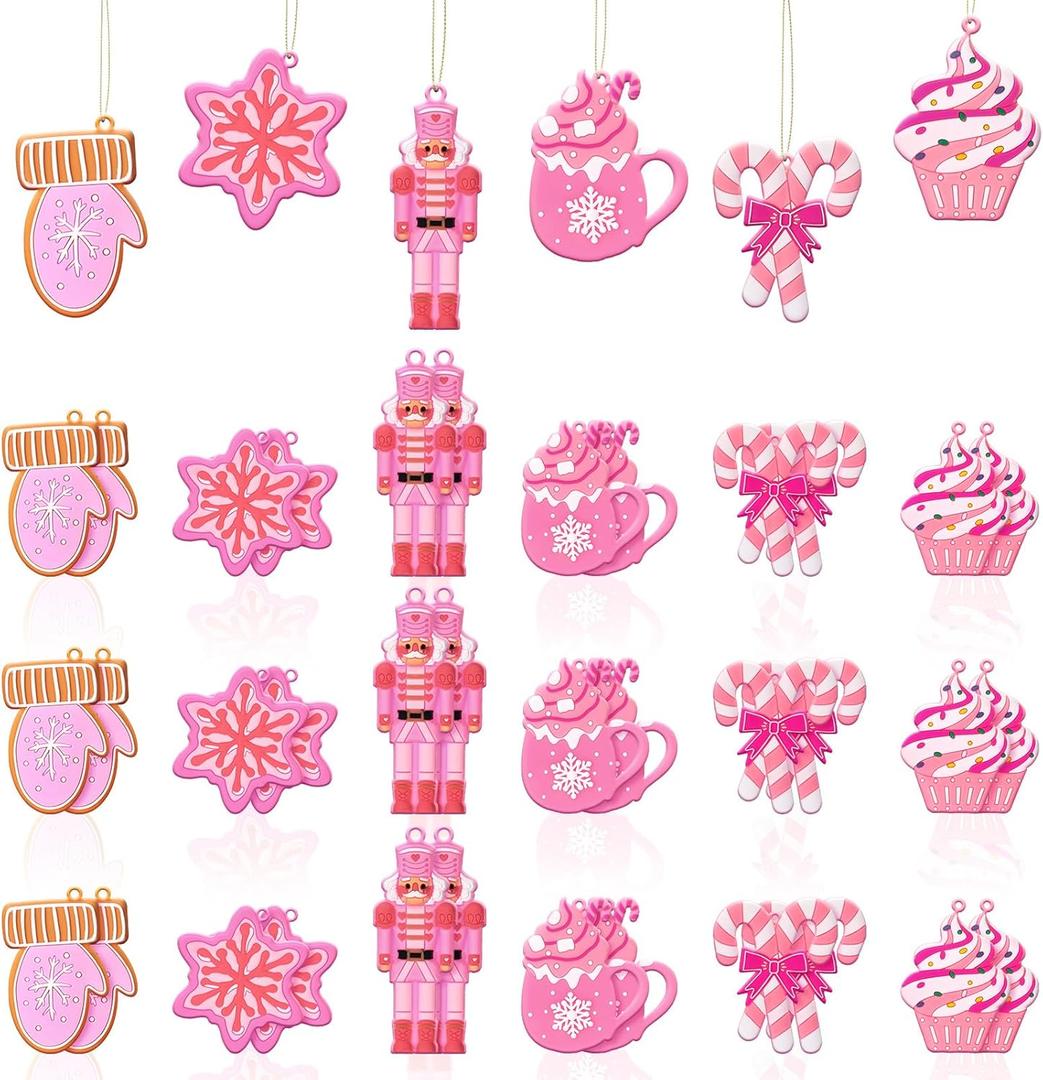 Zhanmai 24 Pcs Christmas Pink Ornaments Christmas Tree Hot Pink Decorations Cute Xmas Hanging Ornaments Traditional Xmas Tree Party Decors