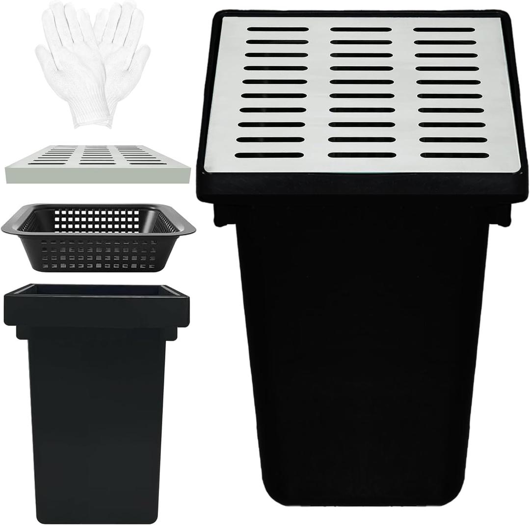 18x18x24 in Large Catch Basin with 304 Stainless Steel Grate,Catch Basin for Drainage with Debris Basket,French Drain Catch Basins Without Pre Drilled Holes are Suitable for Courtyards (18x18x24 in)