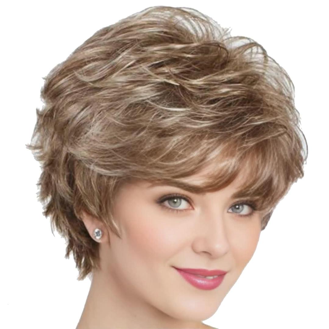 XIUFAXIRUSI XIUFAXIRUSI Short Brown Curly Wigs with Blonde Highlight Brown Pixie cut Wavy Wigs for White Women Layered Synthetic Full Wigs for Daily Party
