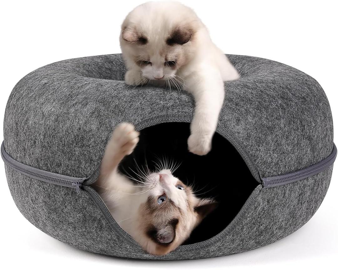 Peekaboo Cat Cave Bed for Indoor Cats, Detachable Round Felt Tunnel with Washable Interior for Cat House and Play (20 Inch, Dark Grey)