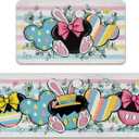 Easter Kitchen Rugs Set of 2, Bunny Ears Eucalyptus Leaves Butterfly Kitchen Mats Decor, Colorful Stripes Bow Floor Door Mat Home Decorations -17x29 and 17x47 Inch