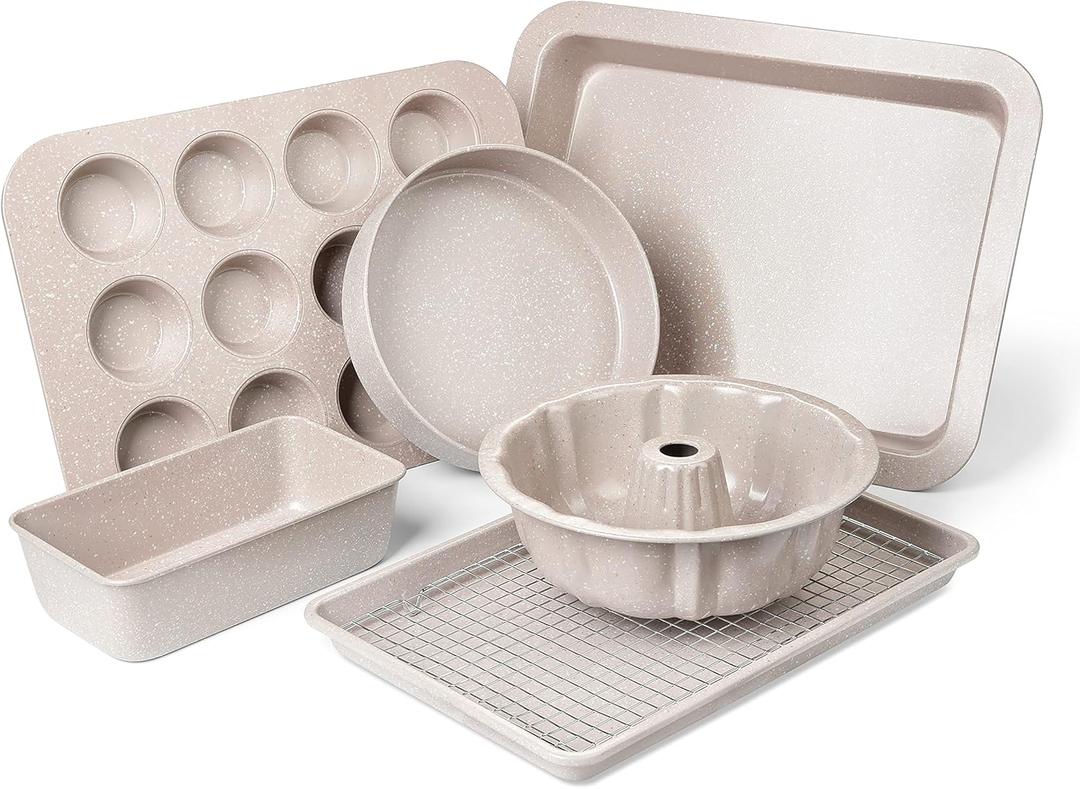 Nonstick Baking Pans Set - VONIKI Bakeware Set Baking Sheets For Oven, 7 PCS Stackable Baking Set w/Cookie Sheet, Cake Pan, Loaf Pan, Muffin Pan, Roaster Pan, Cooling Rack, PFOA Free Baking Supplies