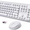 Wireless Keyboard and Mouse Combo, Ergonomic Full Size Typewriter Retro Round Keycaps Keyboard, Compatible with Windows, PC, Perfer for Home and Office Keyboards（White）