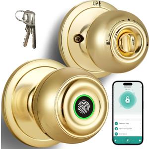 Fingerprint Door Lock, Smart Fingerprint Door Knob with Lock, Biometric Door knob with App Control & Key, Keyless Entry Door Locks for Bedrooms, Front Door, Home, Apartment Office-Polished Brass
