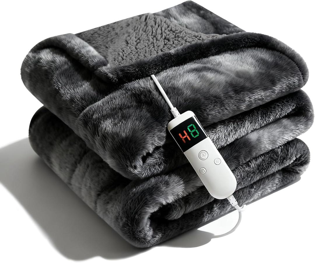 Electric Heated Blanket Throw 50''x60''Size Faux Fur Heating Blanket 10 Heating Settings, 1-8h Timer & Overheat Protection, Machine Washable, Soft Flannel and Sherpa Full Body Warmth (Stone)