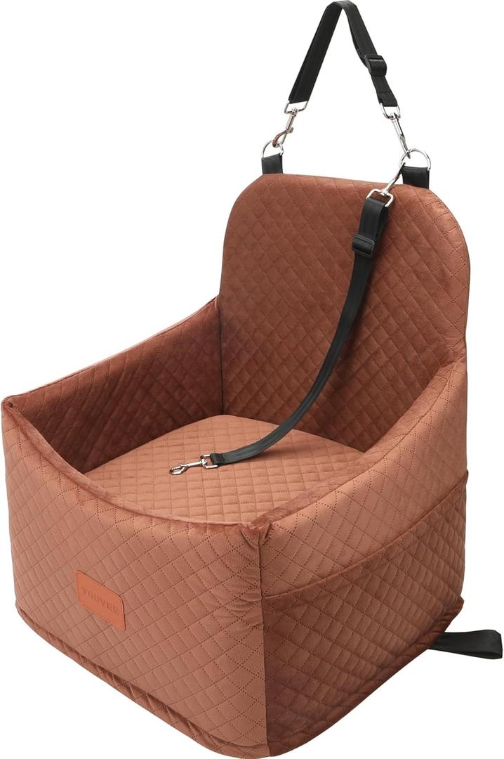 Youvee Dog Booster Car Seat,Interior Height 6 Inches Elevated Pet Car Seat for Small Dog up to 30 lbs,Safety,Comfortable,Fully Detachable and Washable(View -Brown)