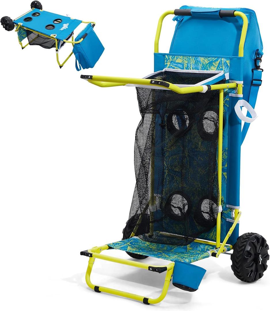 2-in-1 Beach Cart with Big Wheels for Sand, Folding Utility Wagon with Chair Holder, Cooler Bag, Mesh Storage, 4 Cup Holders, Umbrella Rack, Supports 100 lbs for Beach Camping Shopping, Palm Print