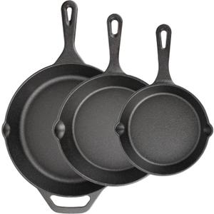 Cast Iron Skillet 3-Piece Set, 6", 8", 10" Frying Pans, Heavy-Duty Pre-Seasoned Pan Cookware Set, For Frying, Saute, Cooking, Pizza & More, Black