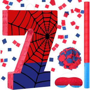 Simgoing Number 7 Spider Web Piñata Bundle with Blindfold Small Piñata for Kids Birthday Party Decoration Mexican Fiesta Cinco De Mayo Anniversary Celebration Gift, 15.75 x 11 x 2.8 In (Red Blue)
