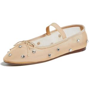 olomisa Mesh Ballet Flats for Women Crystal Embellished Flats Rhinestone Ballerina Flats Snip Toe Stretch Band Shoes Mary Jane Flats