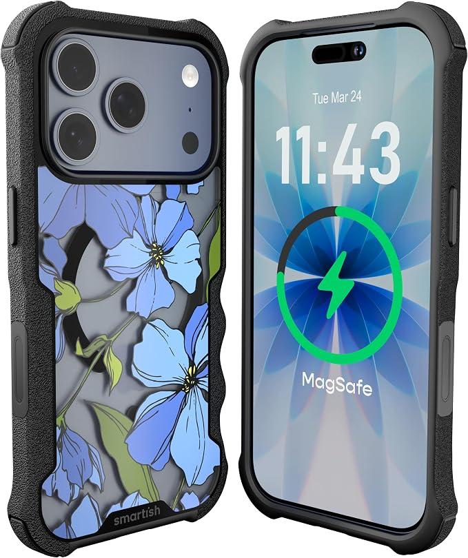 iPhone 17 Pro MagSafe Case - Gripzilla Protective Magnetic Case for Men [Rugged + Tough] Military Grade Heavy Duty Grip Armor - Drop Tested for Apple iPhone 17 Pro - Blue Blossoms