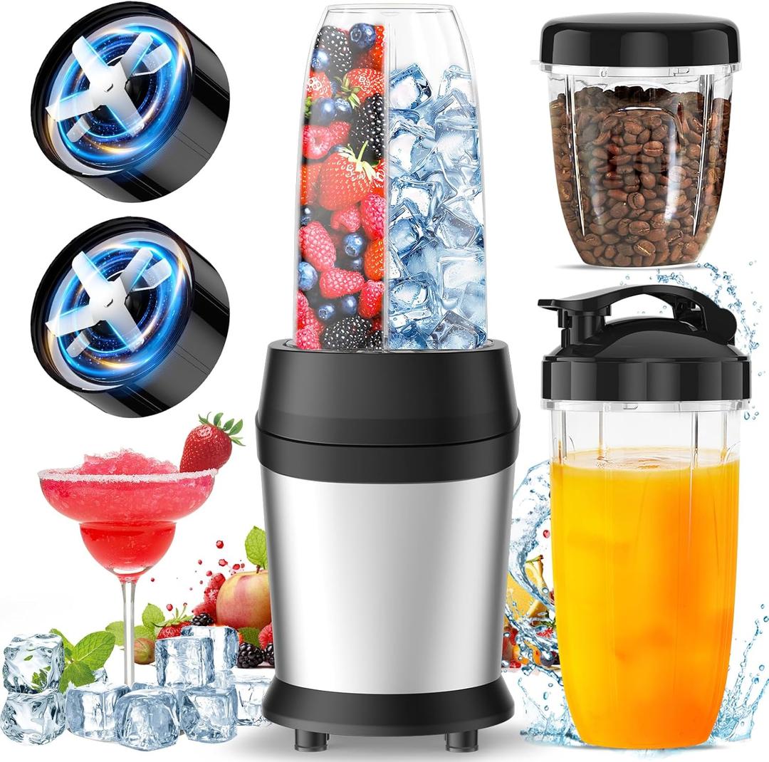 12-Piece Smoothie Blender Maker 25,000 RPM Personal Blender for Ice Crushing Smoothies & Frozen Drinks Nuts with 23oz, 32oz, 37oz Portable Cups Two 6-Leaf Stainless Steel Blades, Silver. Incomplete