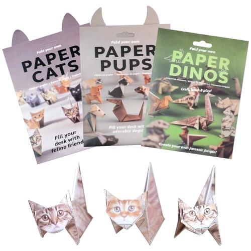 DIY origami paper cats - 150 Sheets DIY paper cats to fold cute cat figures, Fun craft activity fold Cat/Dog/Dino Figures for adults, desk decoration & gift for cat lovers (Set of 3)