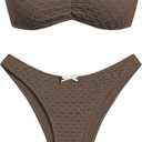 ZAFUL Women's Strapless Bikini Openwork Textured Bow Ruched Lace Up High Cut Bandeau Swimsuit Bathing Suits (Medium, 0-a-coffee)