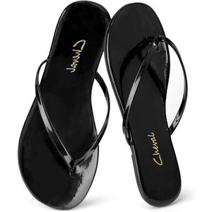Flat Leather Flip Flops for Women, Comfortable Dressy Thong Sandals 2025 Summer and Spring Vacation Essentials, Chanclas Para Mujer (10, Shiny Black)