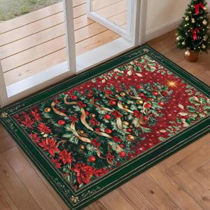 Yinhua Christmas Area Rug 2x3, Xmas Tree Entryway Rug Washable Rugs, Vintage Non-Slip Christmas Rugs for Entryway Soft Low Pile Door Mat for Doorway Bedroom Office Laundry Kitchen Winter Decor, Red