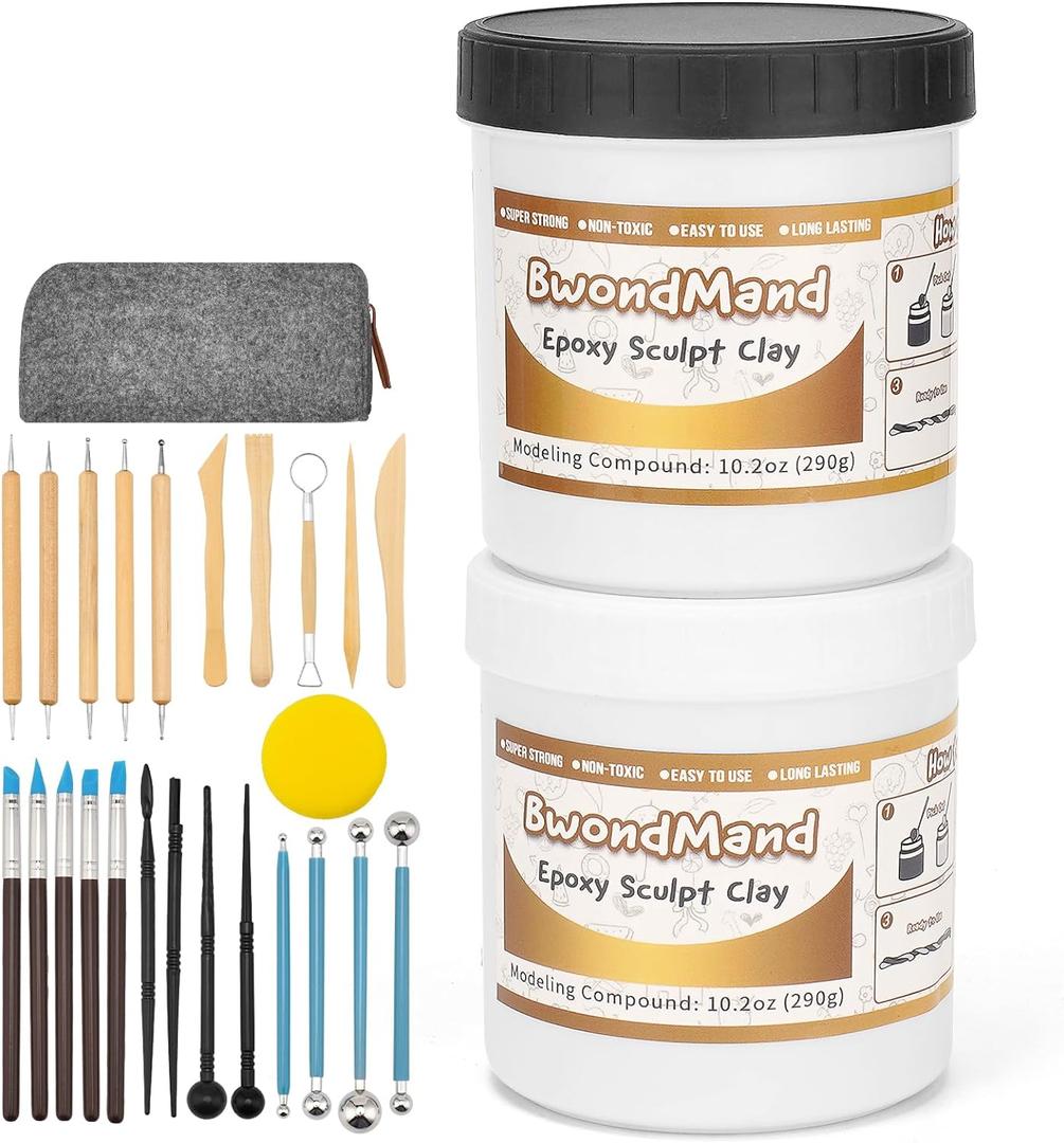 Sculpts Epoxy Clay with 24 Pcs Clays Tools Kit, 2 Part Modeling Compound (A&B) 1 Pound Self-Hardening DIY Magic Sculpt + Clay Sculpting Tools Set for Sculpting, Modeling, Filling, Repairing
