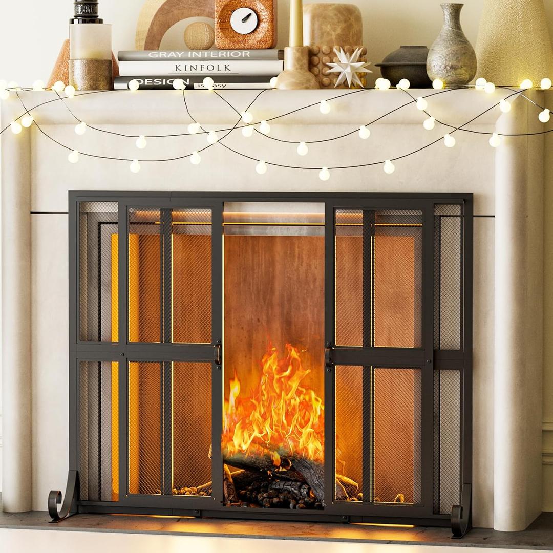 Fireplace Screen with Sliding Doors, 35" W x 28" H Handcrafted Wrought Iron Fire Spark Guard Fire Place Gate Protector for Living Room, Children and Pet Safety(Small)