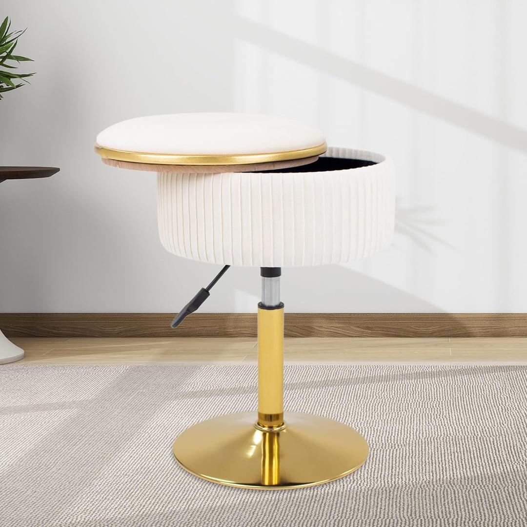 Adjustable Vanity Stool with Storage, 360 Swivel Makeup Stool Chair Small Velvet Round Ottoman with Gold Base for Bedroom (Beige), 23.6 inches x 13.1 inches