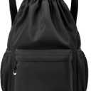 LOKAPEGY Black Drawstring Backpack for Women, Waterproof Drawstring Gym Bag for Men, Small Cinch Sack for Basketball, Pull String Sport Bag for Soccer.