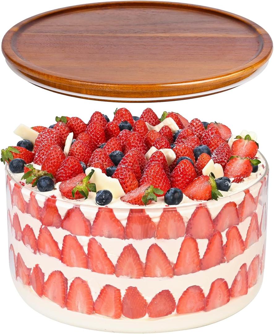 LOVYANXUE 197 oz Large Glass Salad Bowl with Acacia Wood Lid - Glass Trifle Bowl, Versatile Serving Bowls for Cake, Salad, Fruit, Baking, Dessert, Meal Prep, Storing, Microwave & Oven Safe, BPA Free (10 INCH)