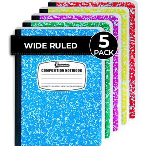 Rosmonde 5 Pack Composition Notebook Wide Ruled, 200 Pages (100 Sheets), 9-3/4x7-1/2, Notebooks for Work, Back to School Supplies, Hard Cover Composition Books, Notebooks for Women, Colors May Repeat