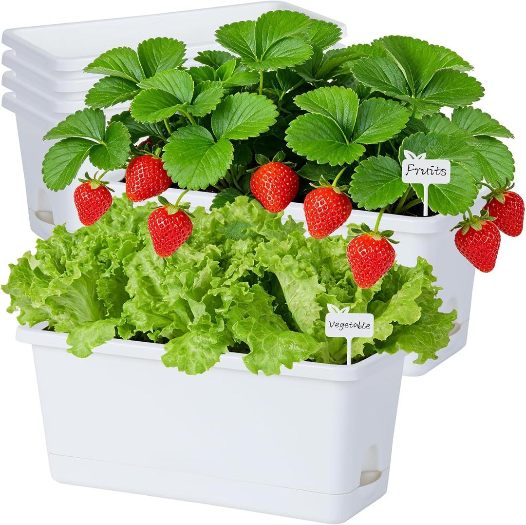 Oliz Window Box Planter 6 Packs, 13.8 Inches Rectangle Flower Pots with Drainage Holes & Trays, Pots for Vegetables, Herbs, Flowers, Garden Windowsill Balcony (White)