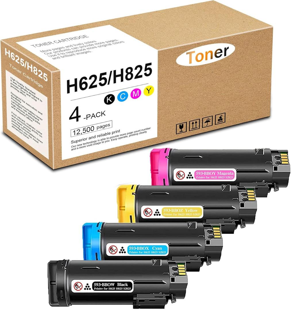 H625 H825 S2825 Toner Cartridge Black Cyan Magenta Yellow Replacement for DELL 593-BBOW 593-BBOX 593-BBOY 593-BBOZ H625cdw H825cdw Printer Ink, 4 Pack (1BK/1C/1Y/1M)