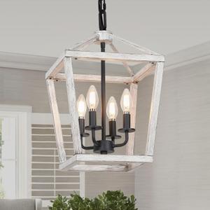 4 Light Rustic Chandelier, Farmhouse Lantern Fixture with Brushed White Oak Cage and Adjustable Chain, E12 Base Geometric Hanging Light Fixture Ceiling lighting for Entryway Kitchen Island, Indoor Use